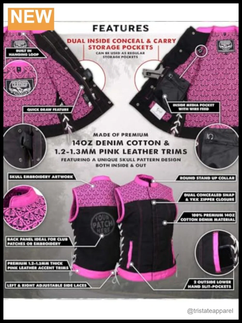 Women's Motorcycle Denim Vest with Skull Embroidery, YKK Zipper, Cotton